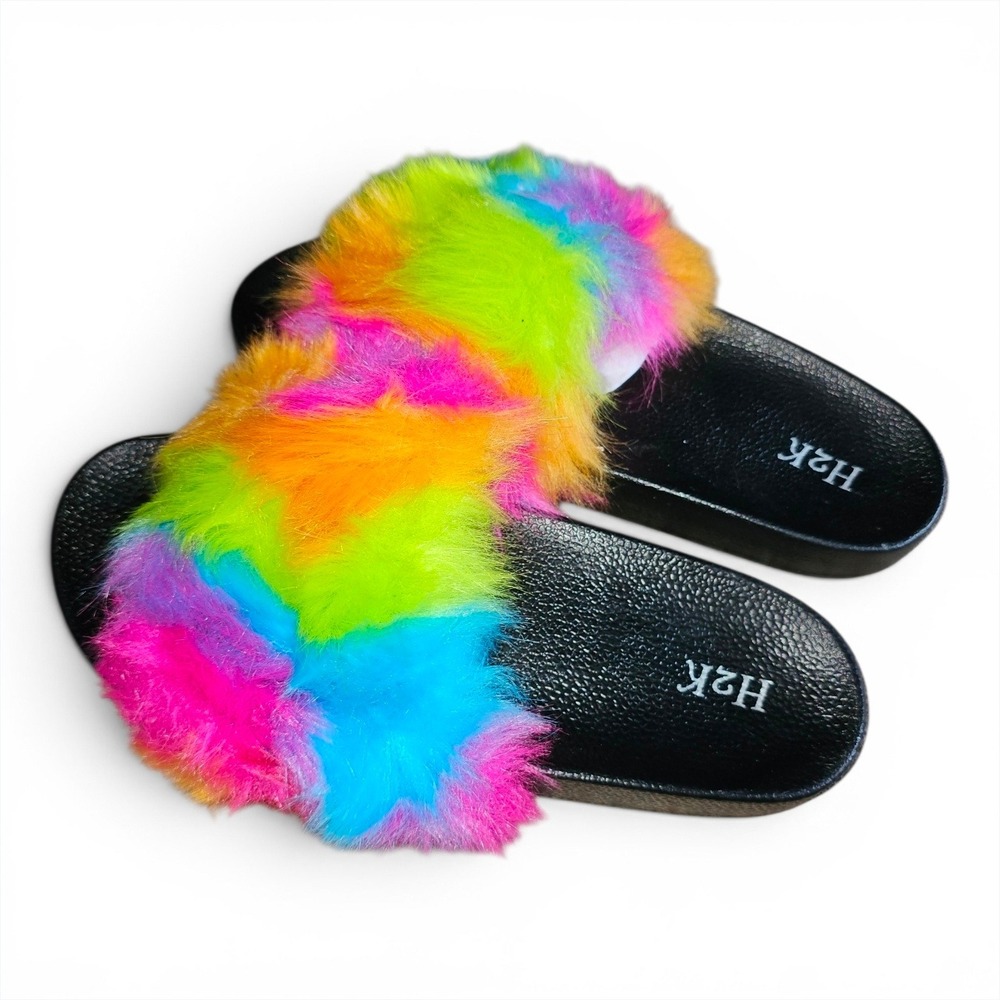 Slide Sandals Womens 10 Rainbow New H2K Faux Fur Fuzzy Neon Multi Color Shoes